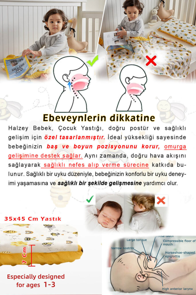 arı desenli bebek yastığı, arı desenli çocuk yastığı, bebek yastığı, çocuk yastığı, düz kafa yastığı, tortikolis, halzey